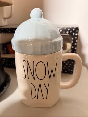 Rae Dunn Snow Day Mug with Light Blue Lid Cream Body